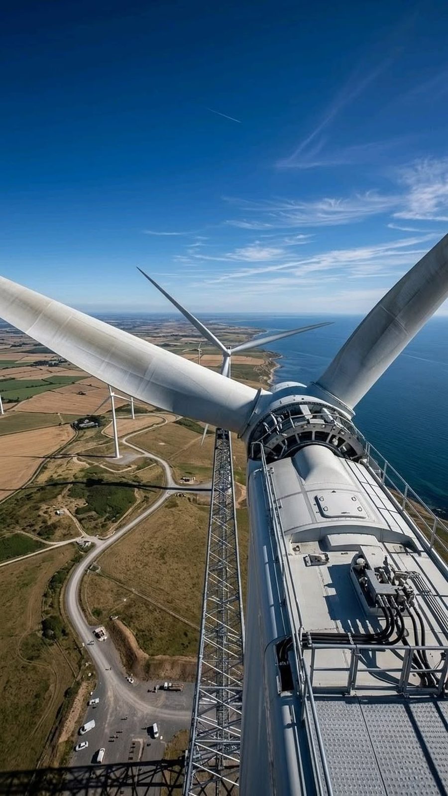 Vue depuis la nacelle d'une éolienne côtière le long des pales